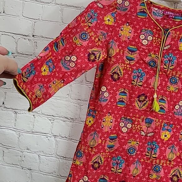 BIBA Girls Pink Bird Floral Cotton Straight Printed Kurta Indian Tunic Spring - Picture 4 of 10